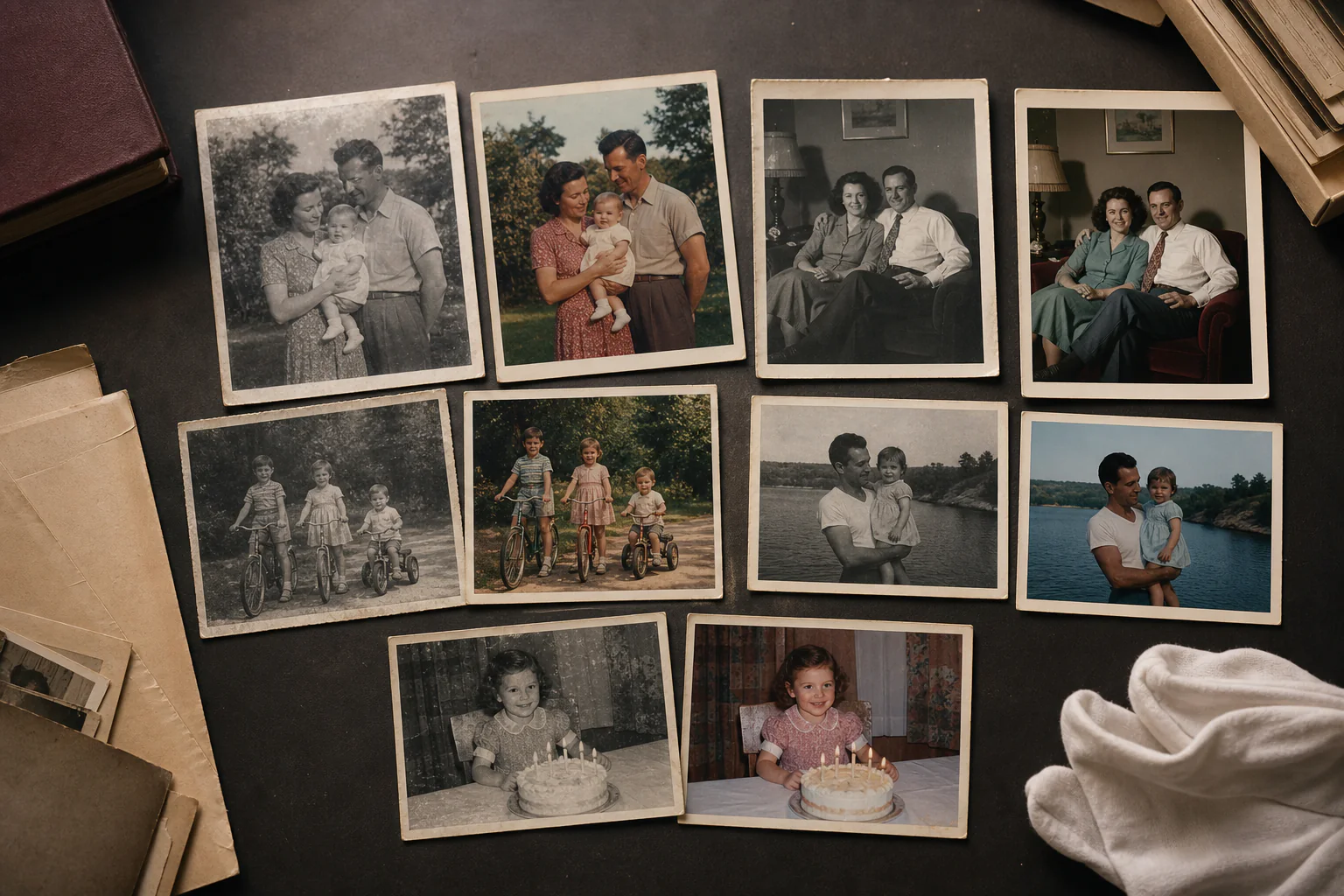 Семейные фотографии на столе: чёрно-белые оригиналы и их цветные копии рядом